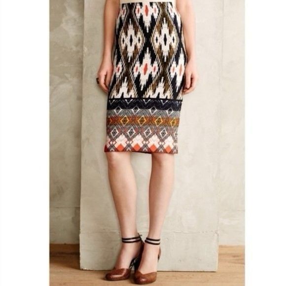 Maeve Anthropologie Iguazu Ikat Midi Skirt Pencil Size SMALL P Stretch USA MADE - Picture 7 of 10